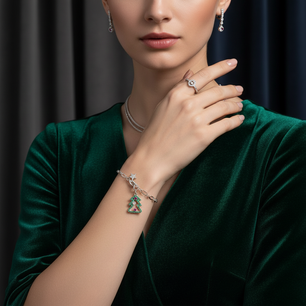 Christmas Tree 0.35ct CZ Rhodium Holiday Charm Bracelet