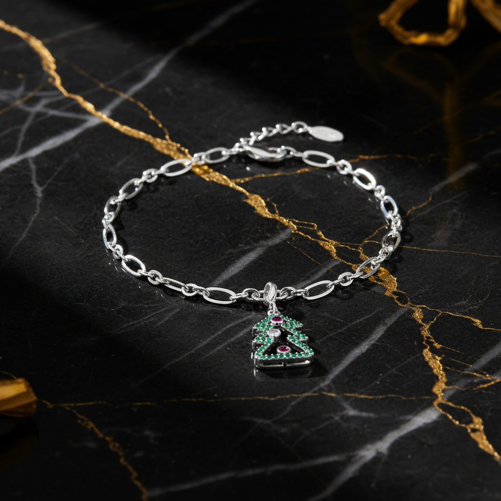Christmas Tree 0.35ct CZ Rhodium Holiday Charm Bracelet