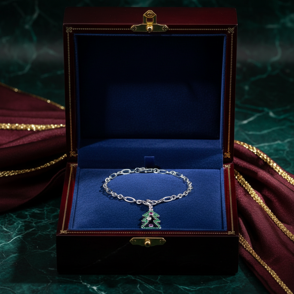 Christmas Tree 0.35ct CZ Rhodium Holiday Charm Bracelet