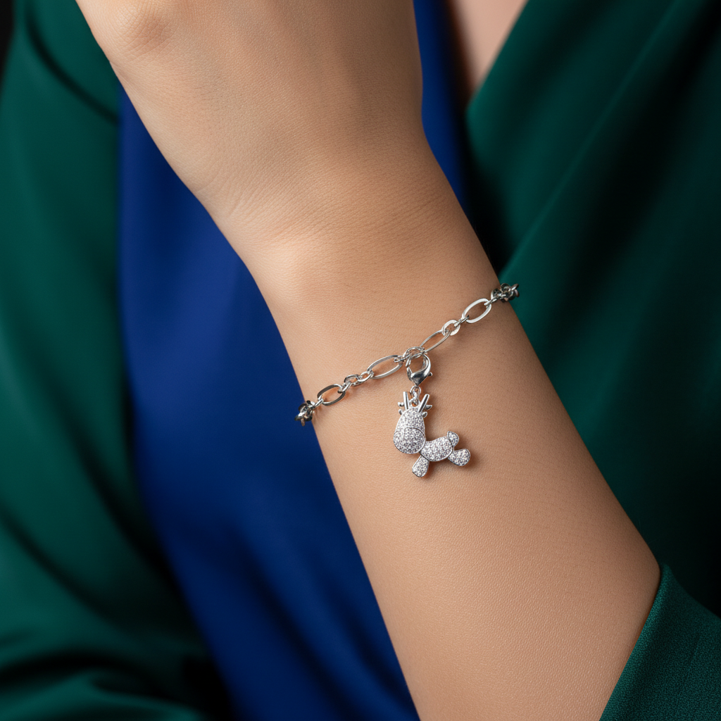 Rudy 0.25ct CZ Rhodium Reindeer Charm Bracelet