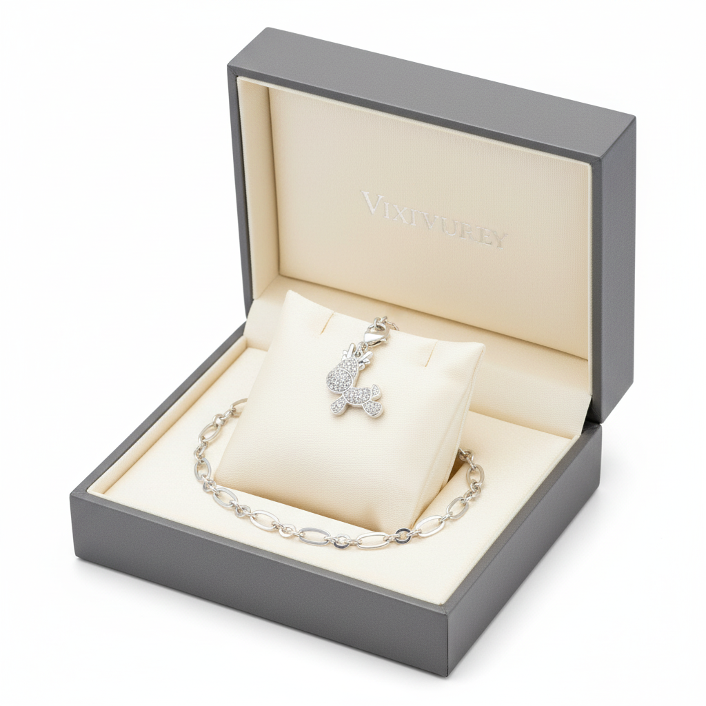 Rudy 0.25ct CZ Rhodium Reindeer Charm Bracelet