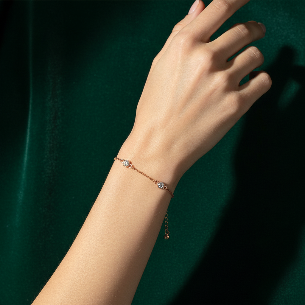 1Ct Rose Gold Plated Clear CZ Round Bezel Saturn Bracelet