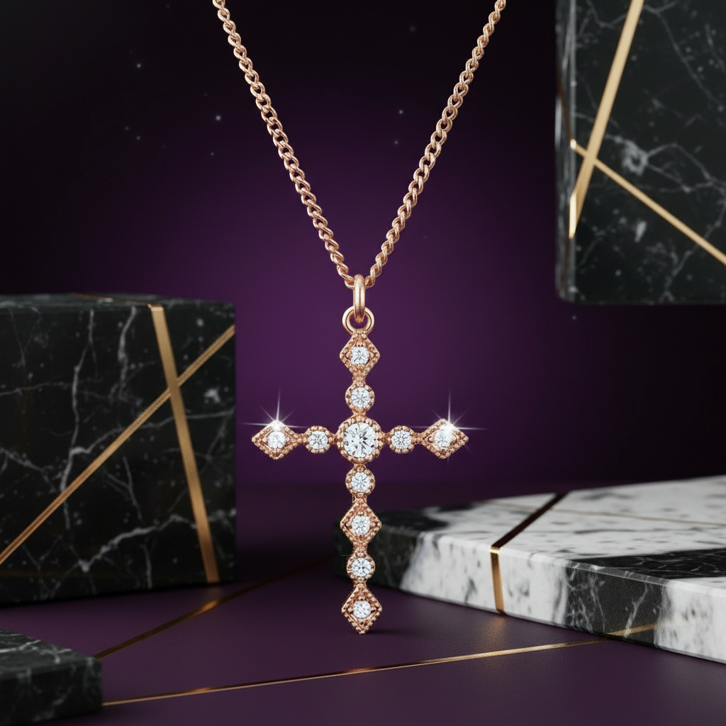 Dainty Art Deco Rose Gold Plated Clear CZ Cross Pendant
