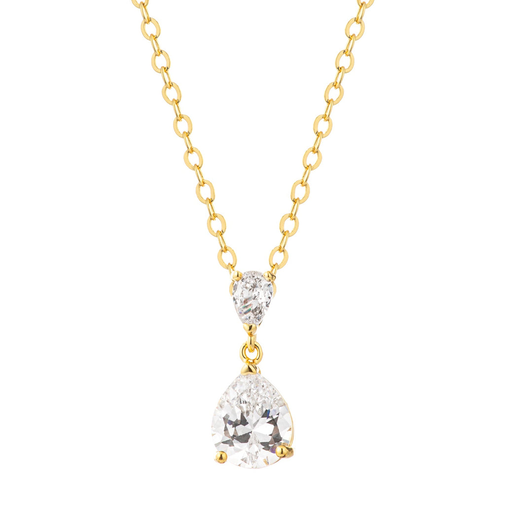 18K Gold Plated Double Pear CZ Drop Pendant Necklace