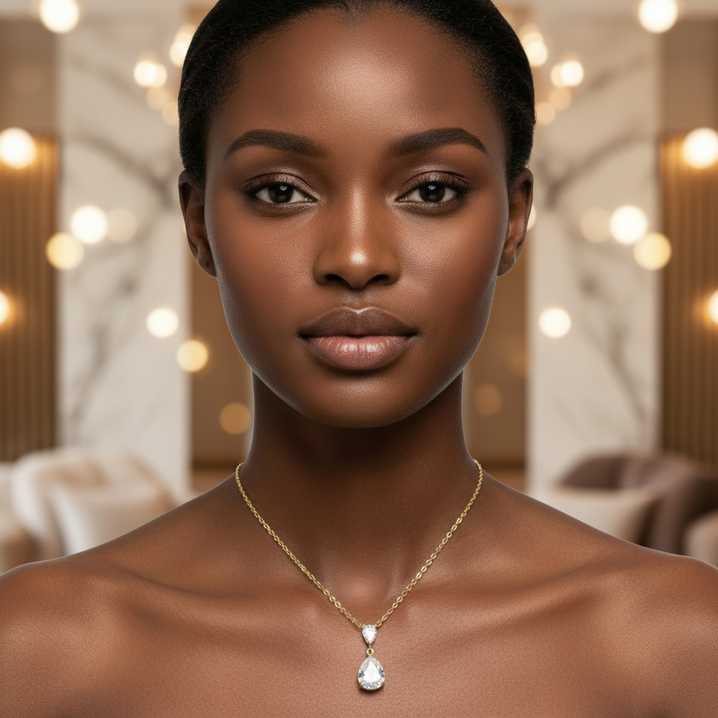 18K Gold Plated Double Pear CZ Drop Pendant Necklace