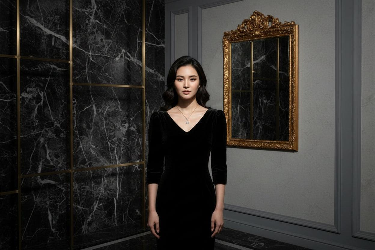 Gold necklace with two diamond pendants on a white background