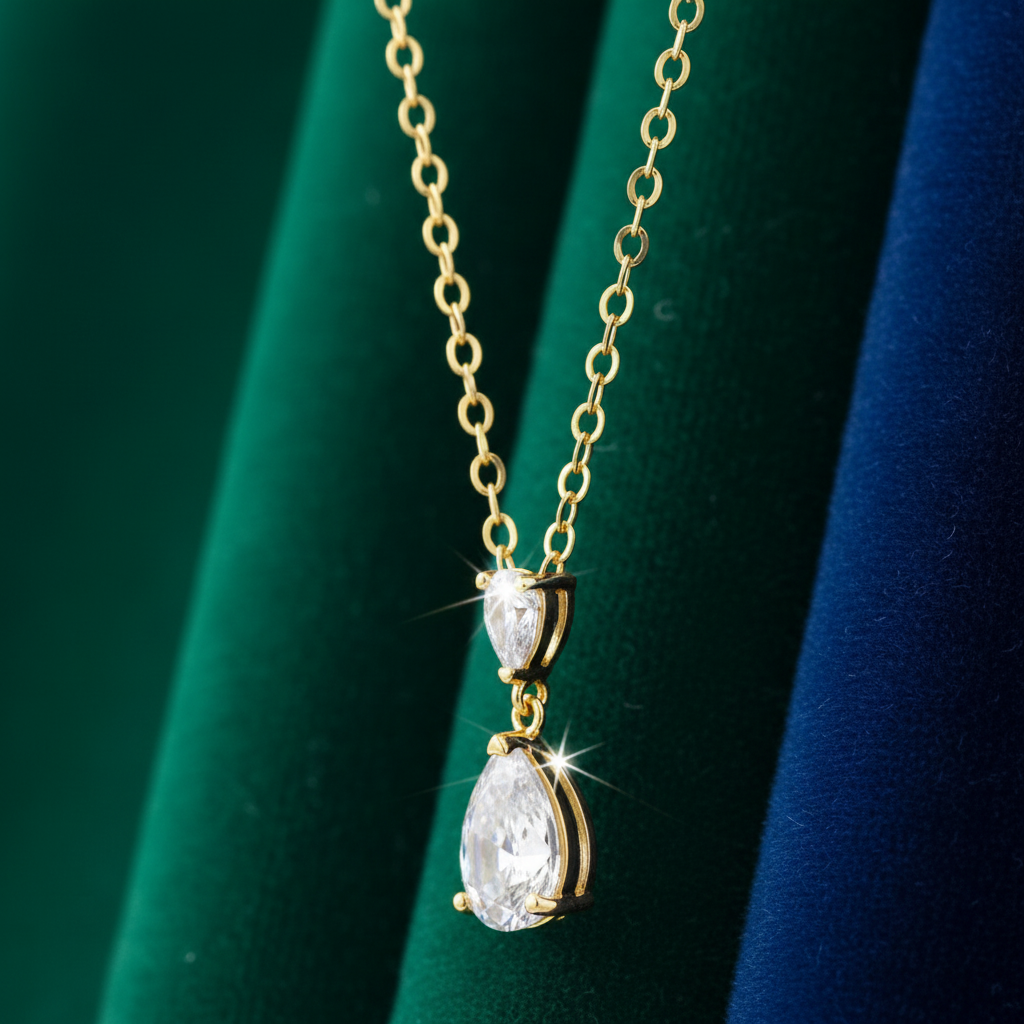 18K Gold Plated Double Pear CZ Drop Pendant Necklace
