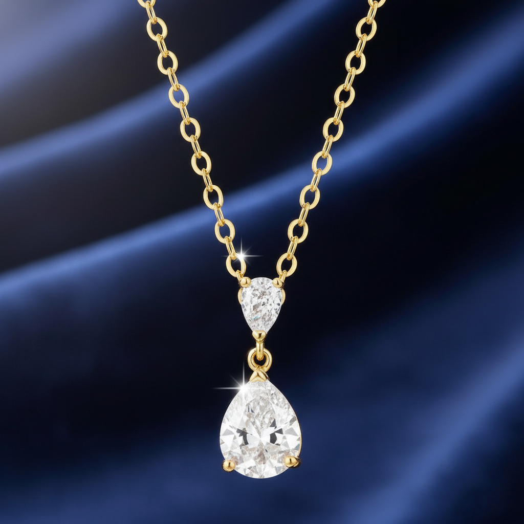 18K Gold Plated Double Pear CZ Drop Pendant Necklace
